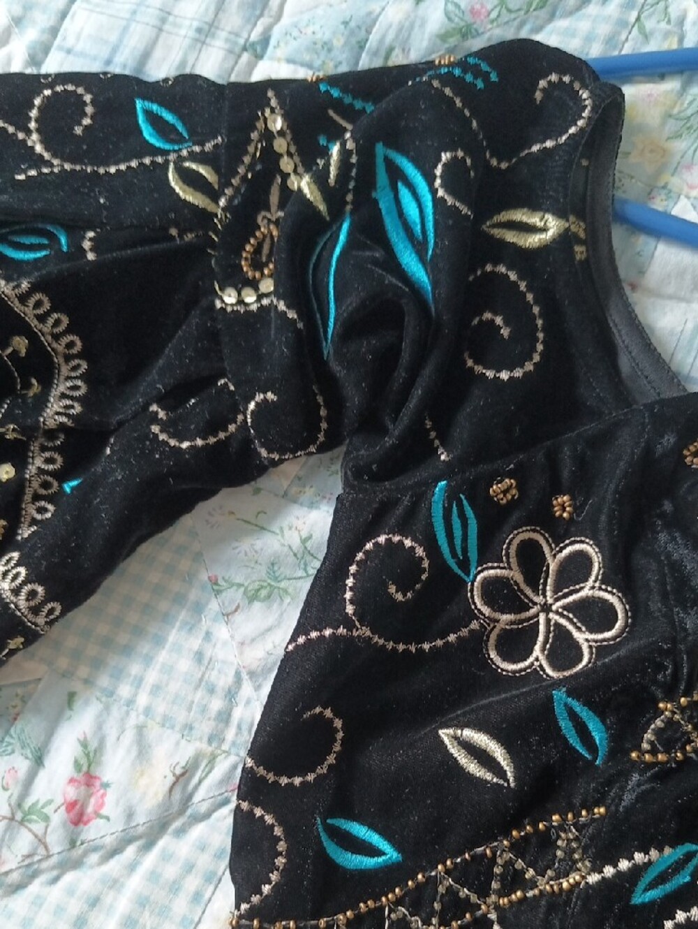 Black Embroidered Velvet Tunic Top with Teal Accents - Picture 5 of 11